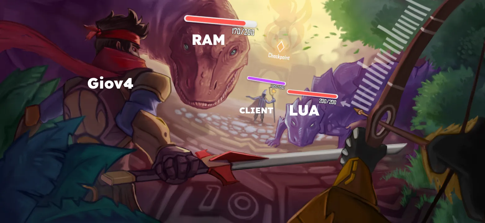 Giov4 fighting against Lua and the RAM depicted as an RPG fight
