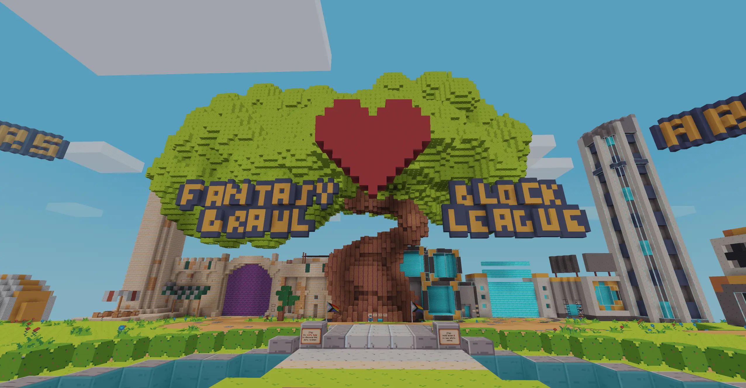 A red voxel heart floating in front of the lobby tree