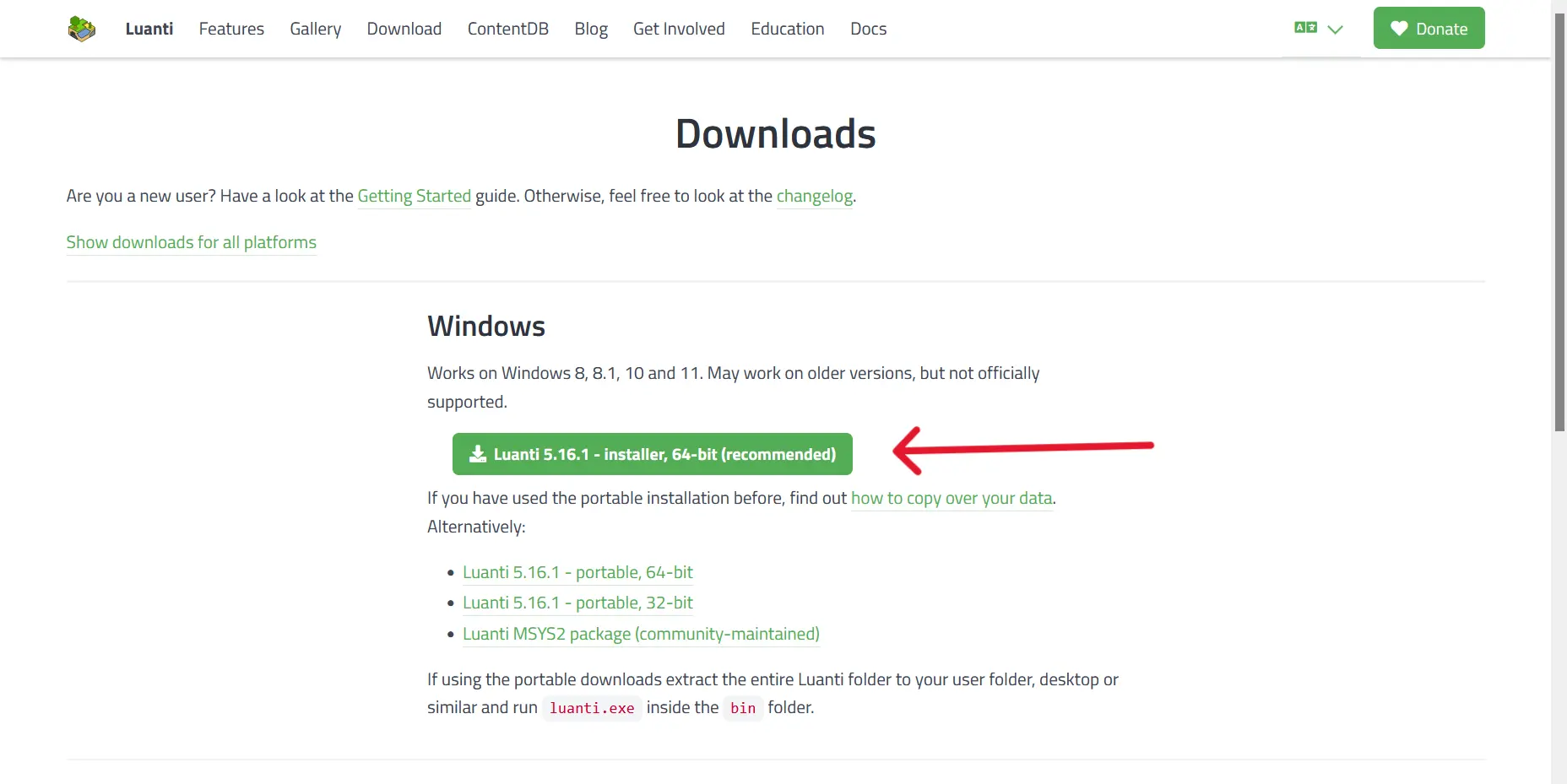 Choose the recommended Luanti installer for your system.